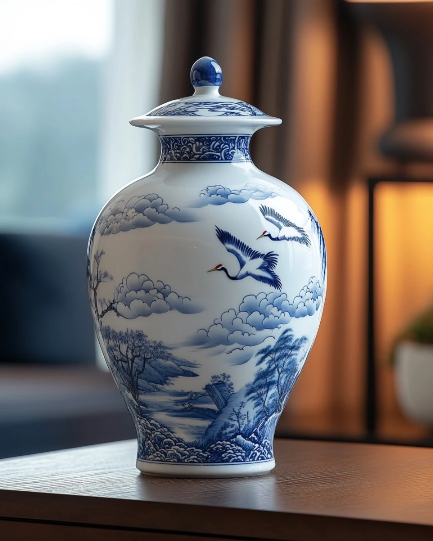 Traditional chinoiserie porcelain and crane motifs
