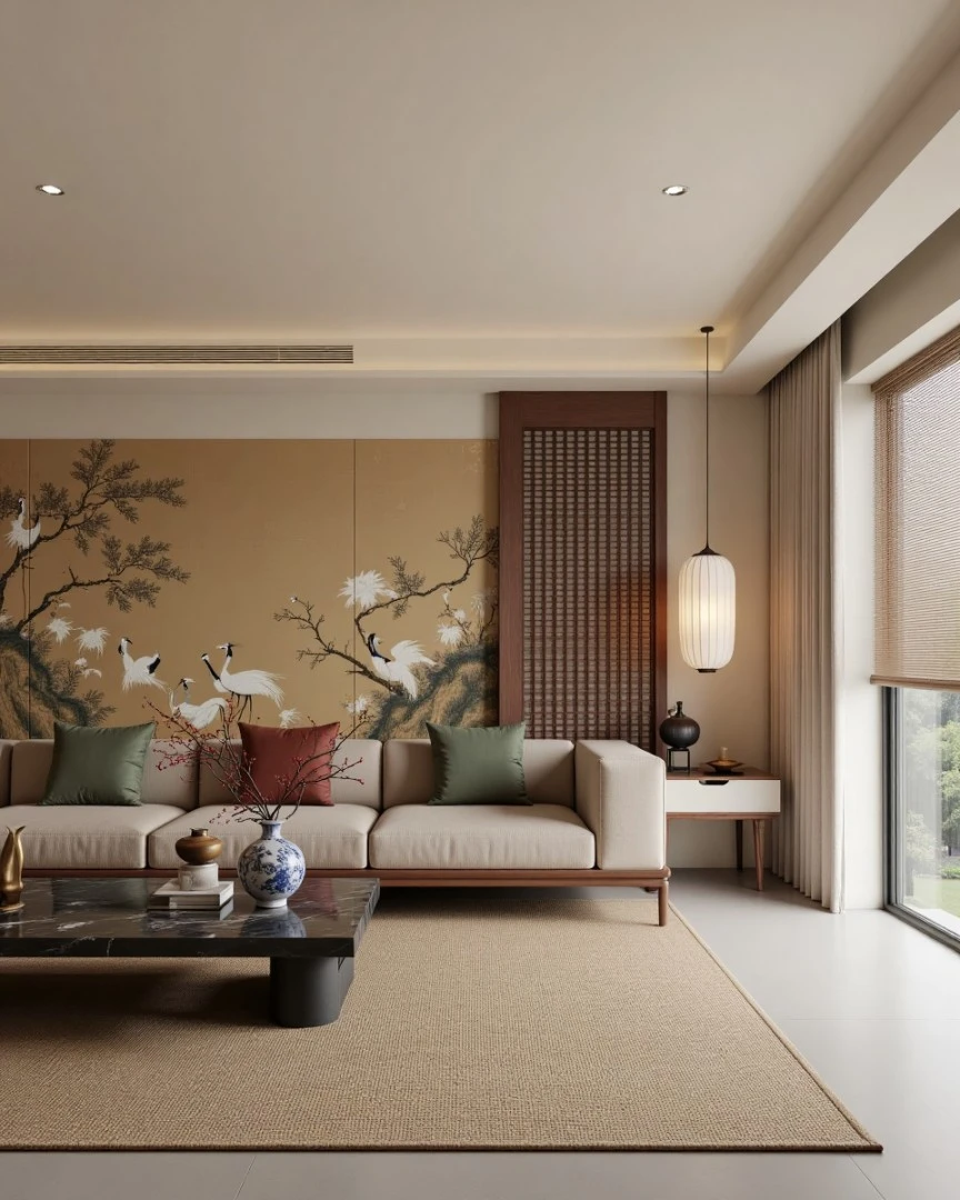 Floral chinoiserie wallpaper behind neutral sofa