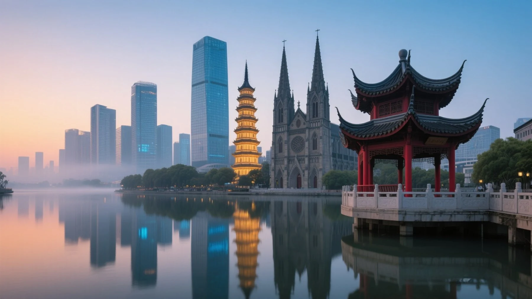 East and West architecture blending in urban skyline