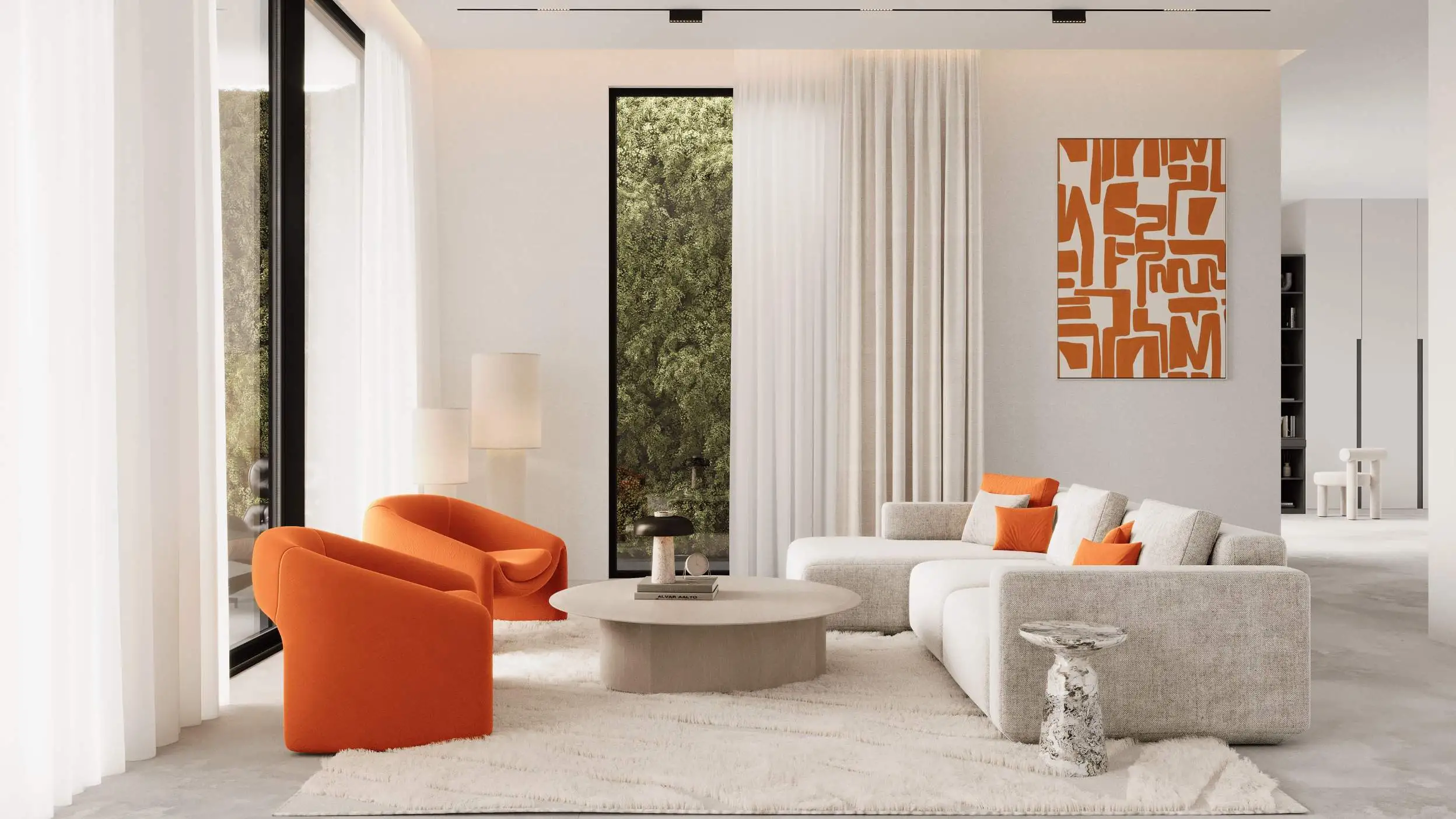 living room with bold furniture pieces