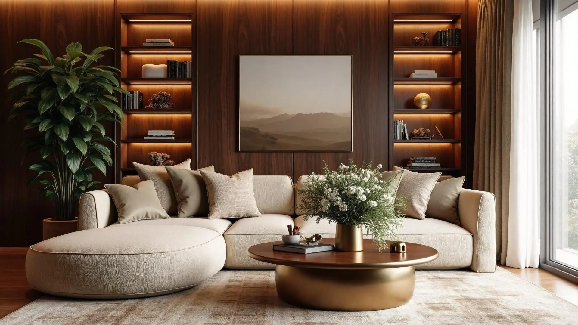 Wood grain and brass match the living room