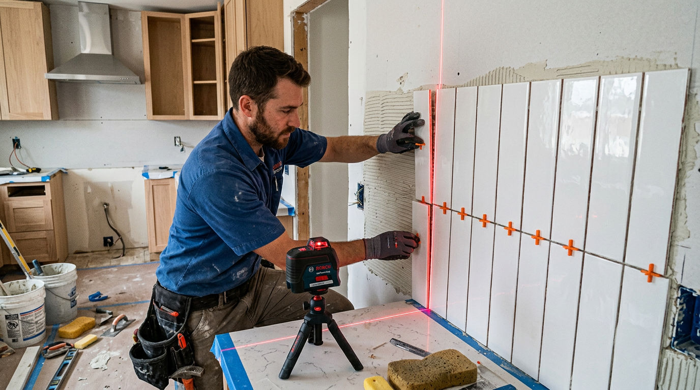 Professional tiler using laser level to ensure precise vertical alignment during kitchen backsplash tile installation