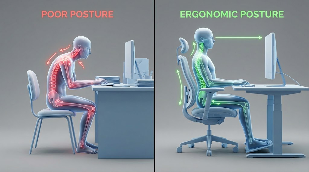 Infographic of ergonomic benefits for office workers