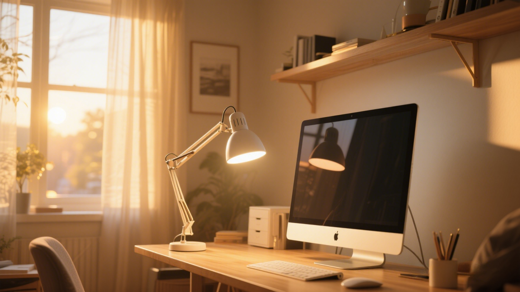 Well-lit home office with natural and desk lamp lighting