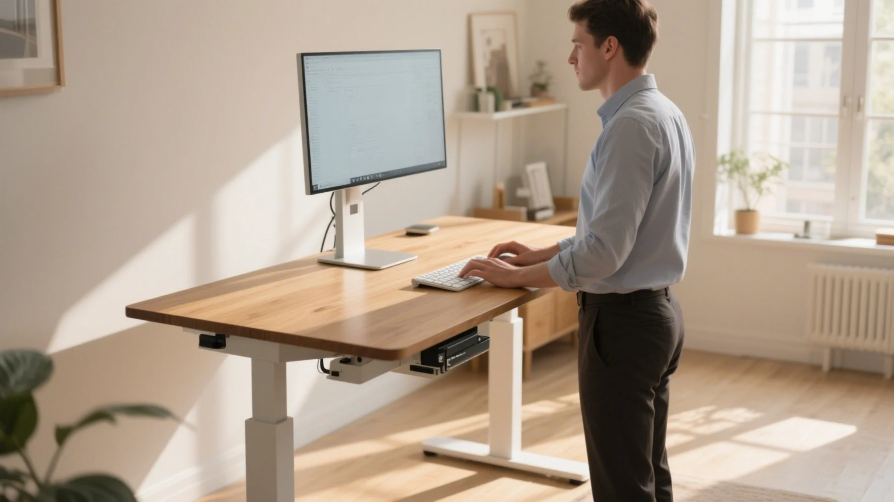 Adjustable sit-stand desk with monitor