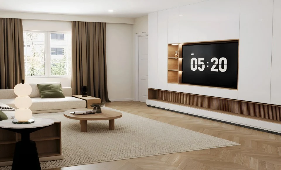 Black rectangular fireplace set in a red brick wall adds warmth and character to a small living room.