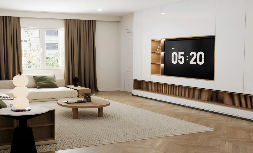 Black rectangular fireplace set in a red brick wall adds warmth and character to a small living room.
