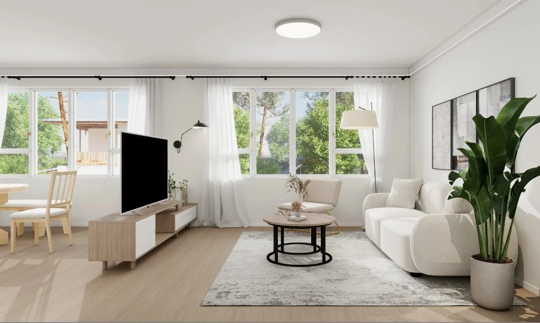Light brown ceiling fan with a central light brings coolness and style to the small living room.