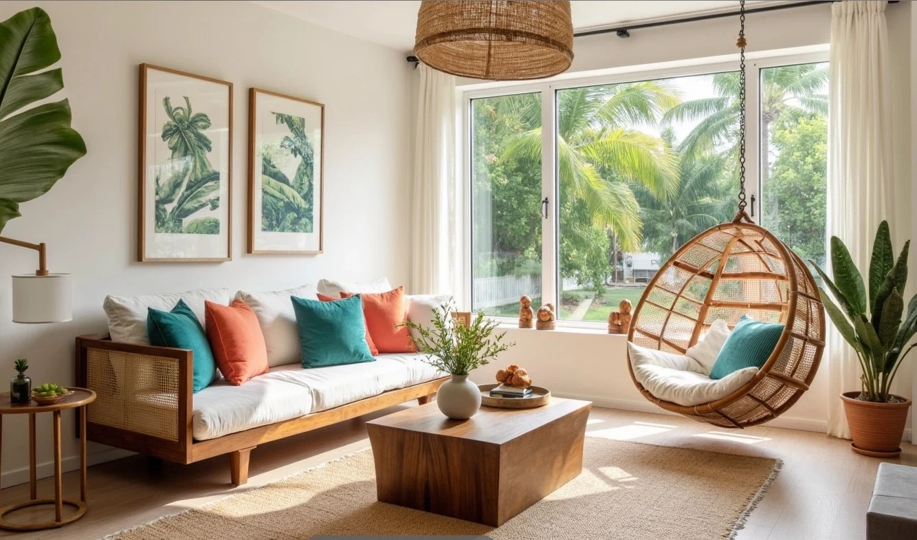 Large brown-framed mirror reflects flowers and paintings to expand the visual space of the small living room.