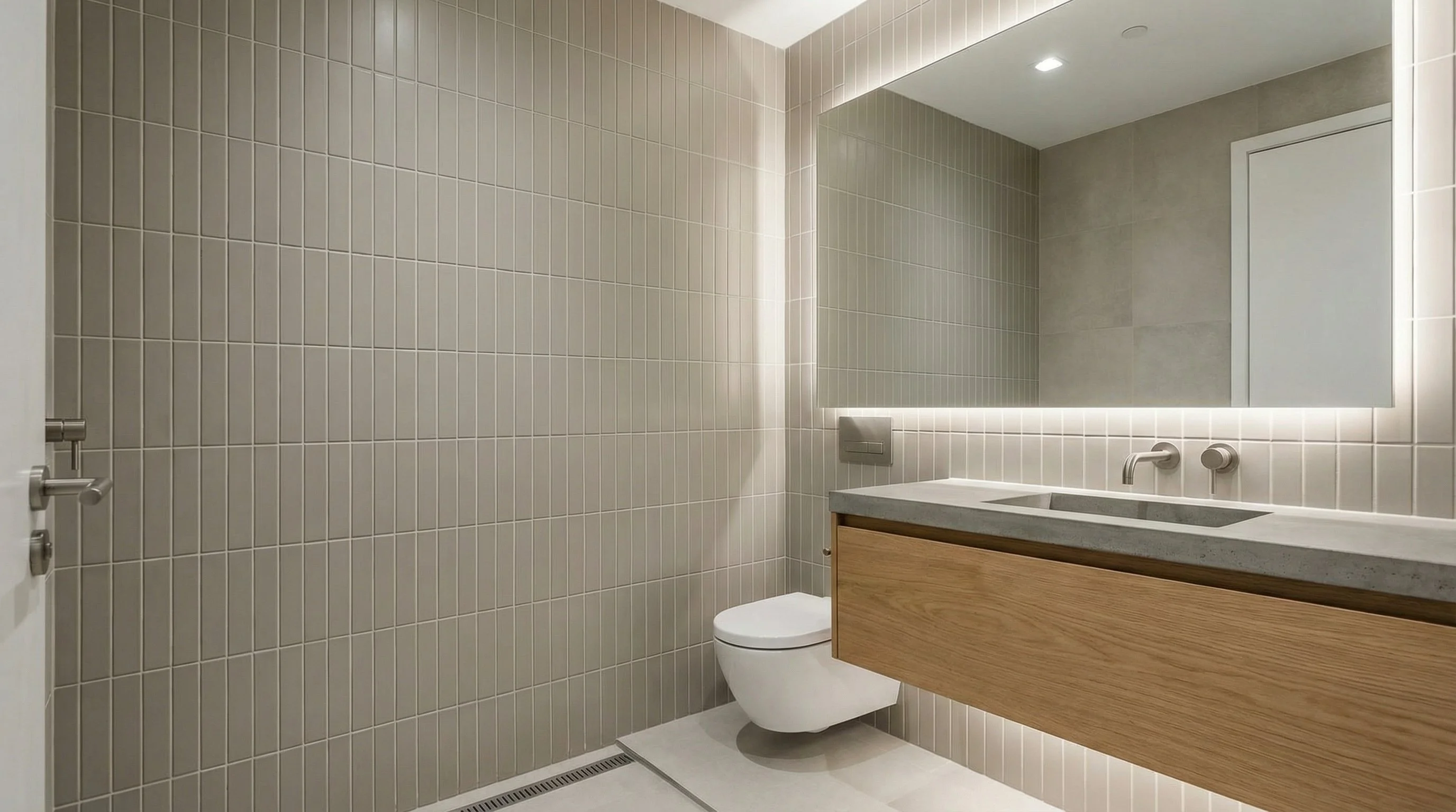 stacked tile bathroom feature wall in small modern bathroom