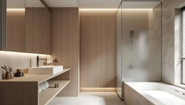 Wood-Toned Elegant Bath with Natural Texture