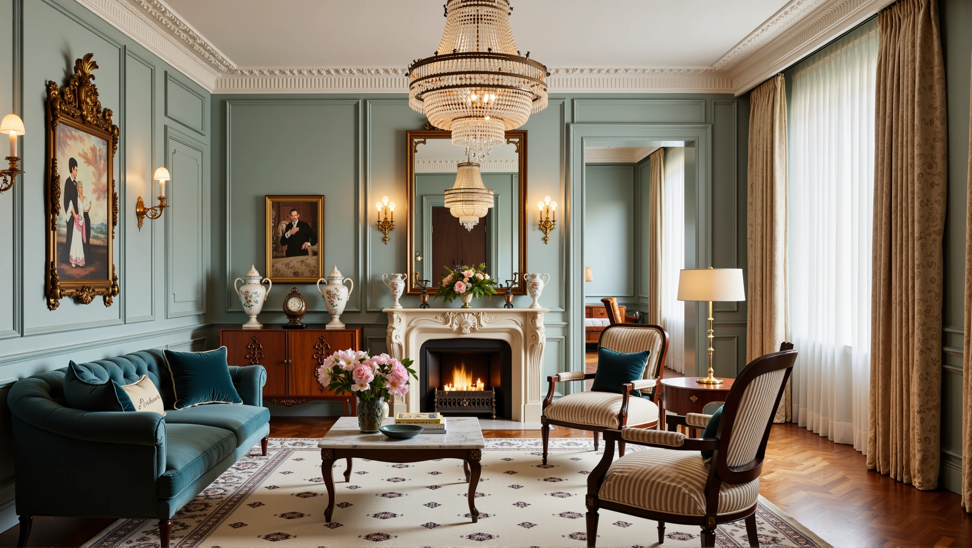 Gilded Romance in Pale Teal Walls Living room 4