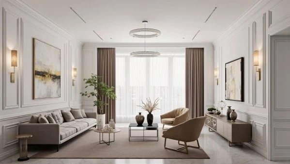 Luxury French Living Room in Soft White Texture