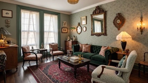Victorian Retro Living Room in Dark Green Texture