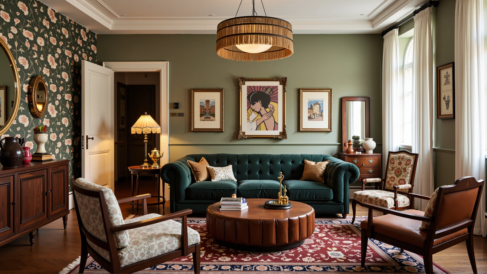 Retro British Living Room in Dark Green Texture Living room 2