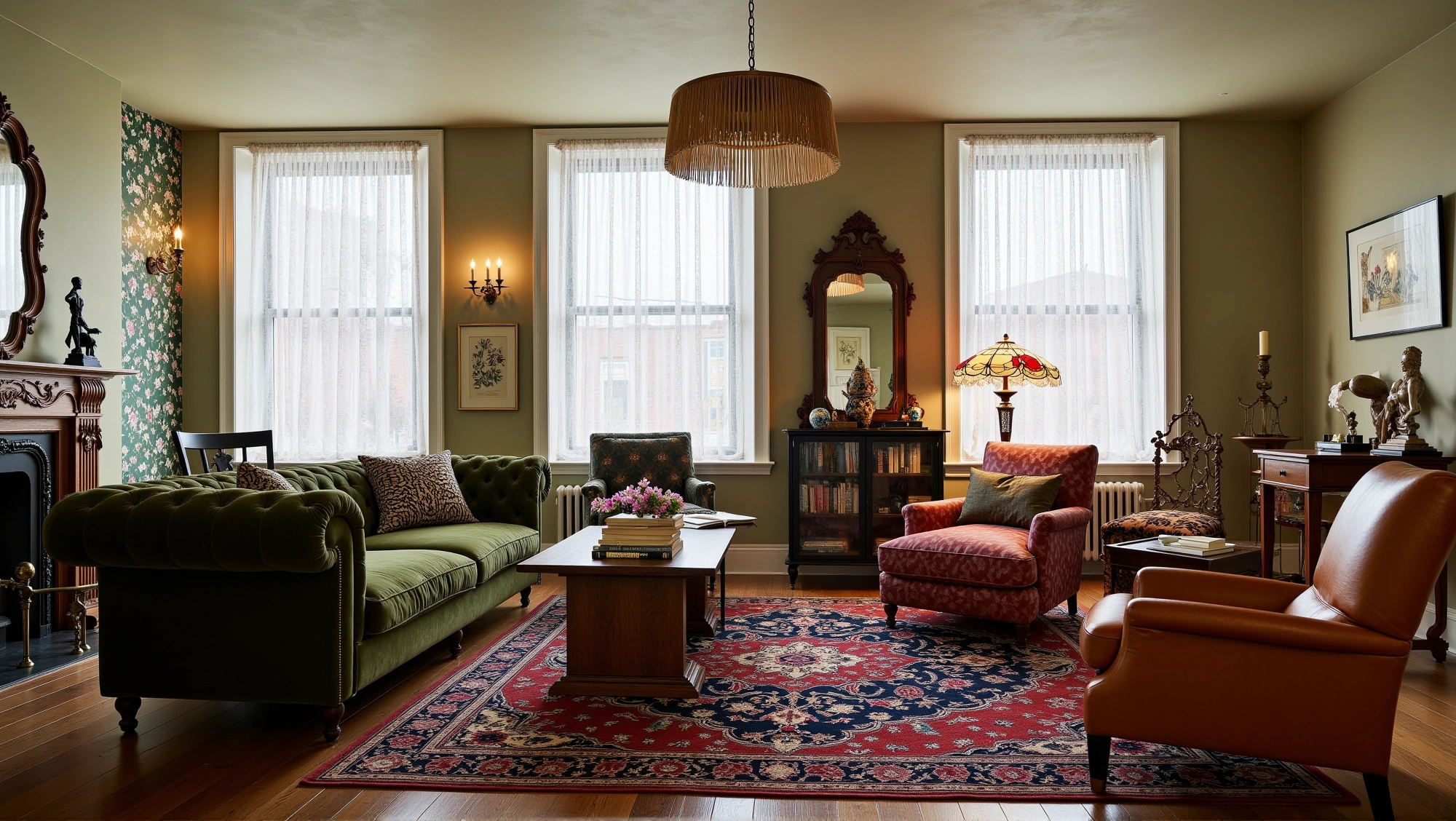 Retro British Living Room in Dark Green Texture Living room 6