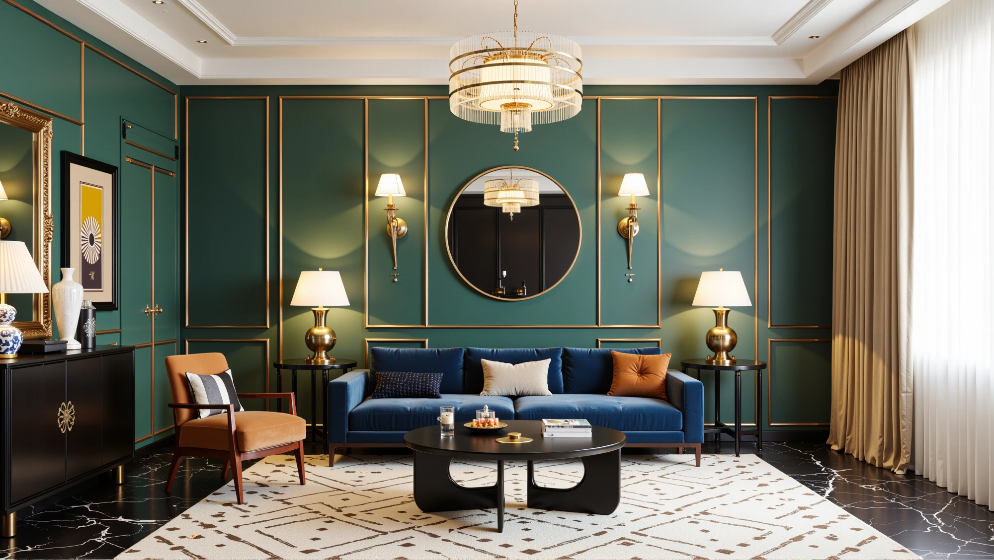 Image showcasing Luxury Retro Living Room in Dark Green and Gilt