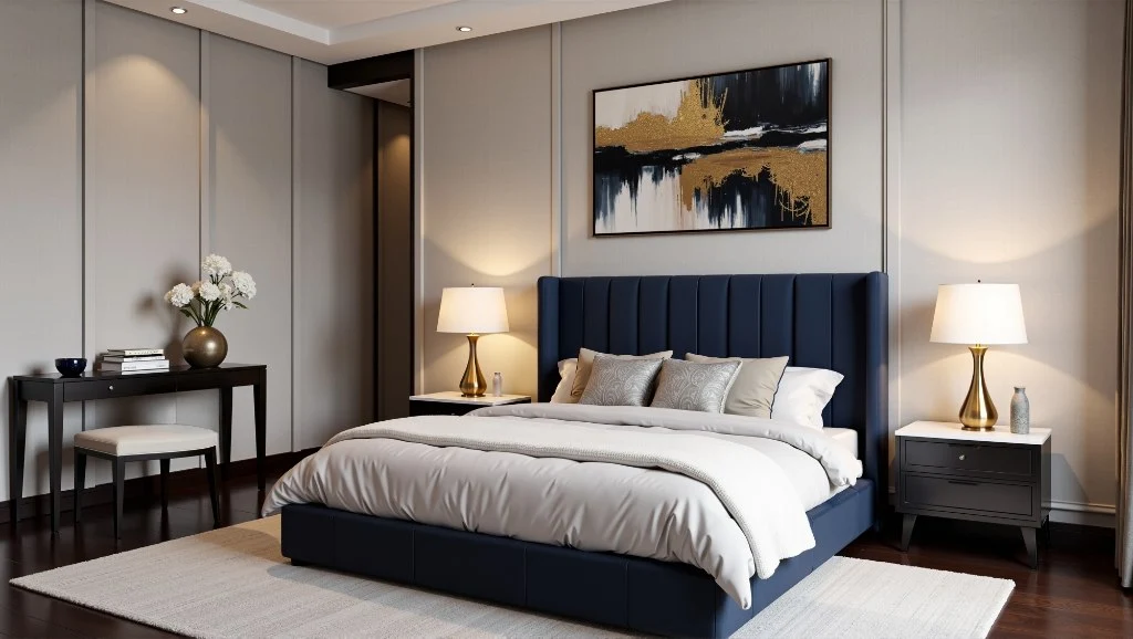 Urban Luxe Bedroom Wrapped in Navy Velvet bedroom