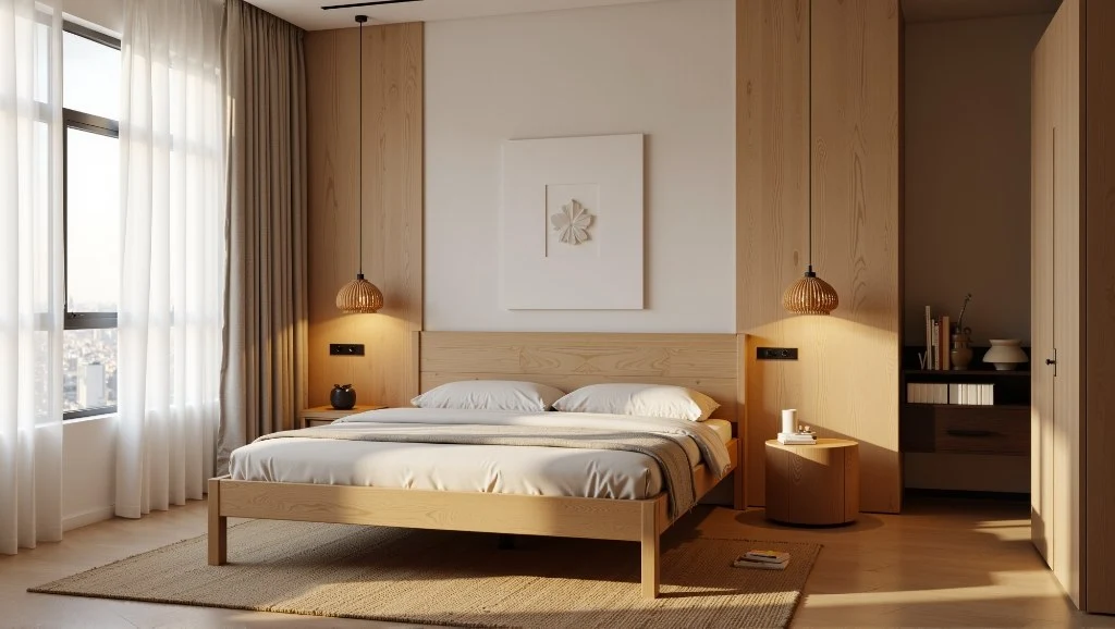 Light Wood Retreat Cozy Bedroom in Warm Glow