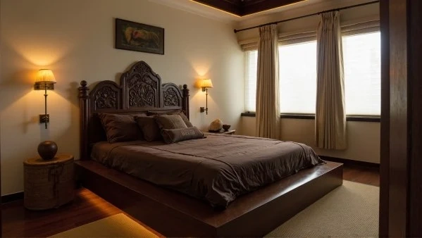 Dark Wood Carvings Thai Tranquility in Warm Tones bedroom