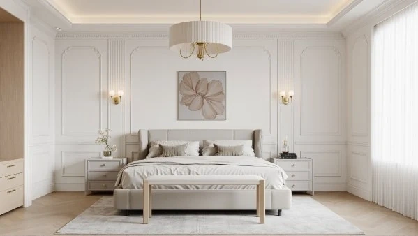 Elegant Bedroom in Soft Gold Plaster Lines bedroom