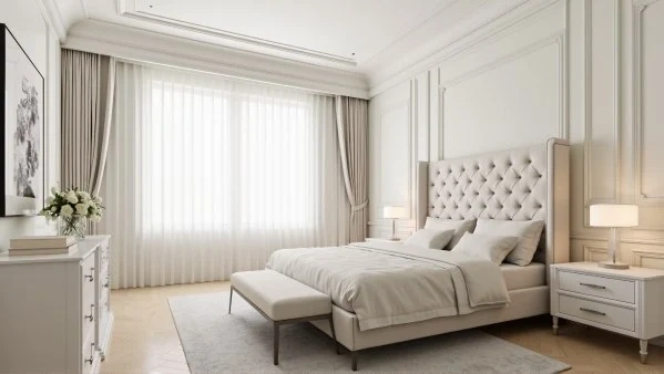 Light Luxury Bedroom in Soft White Carved Frames interior design idea
