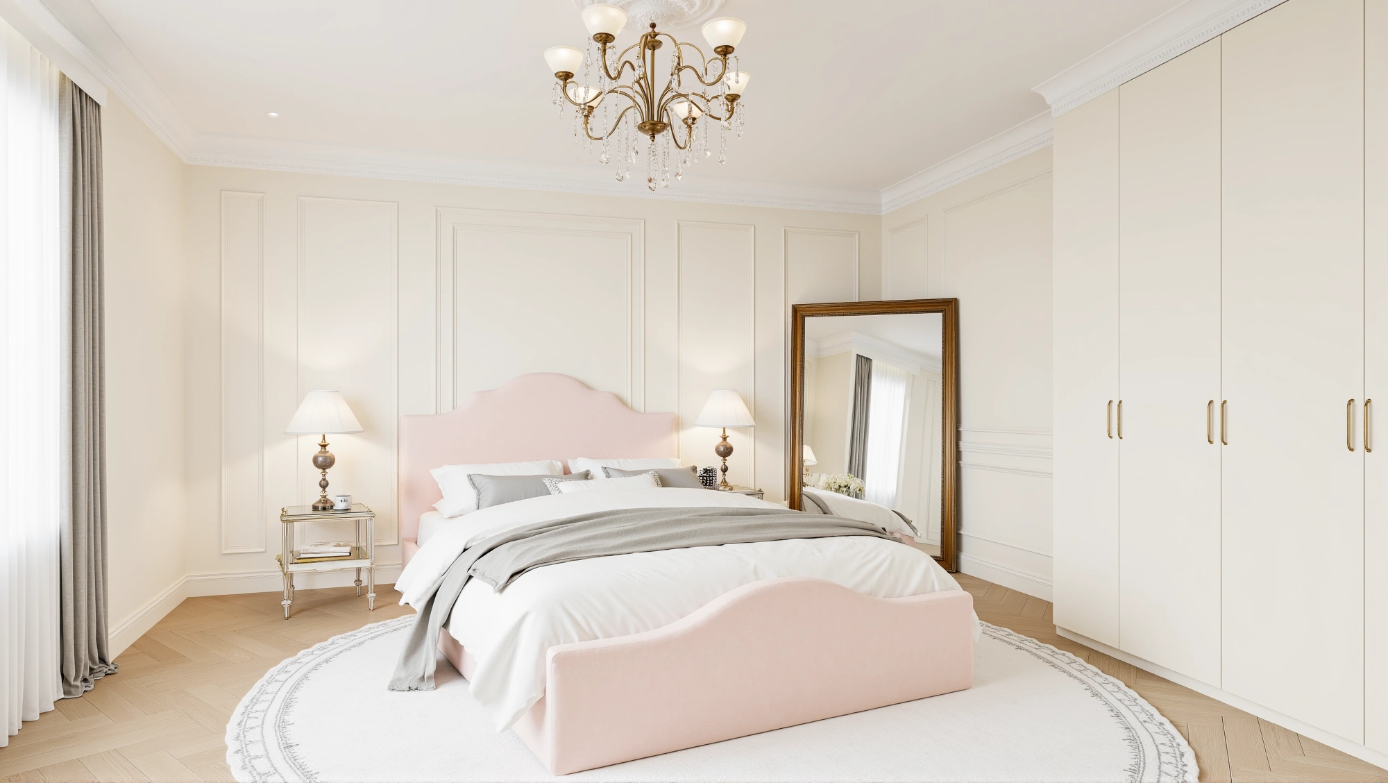 Romantic French Style - Bedroom - Interior Design - Soft Pink Light French Style Sweet Elegant Bedroom - Image 1 of 6