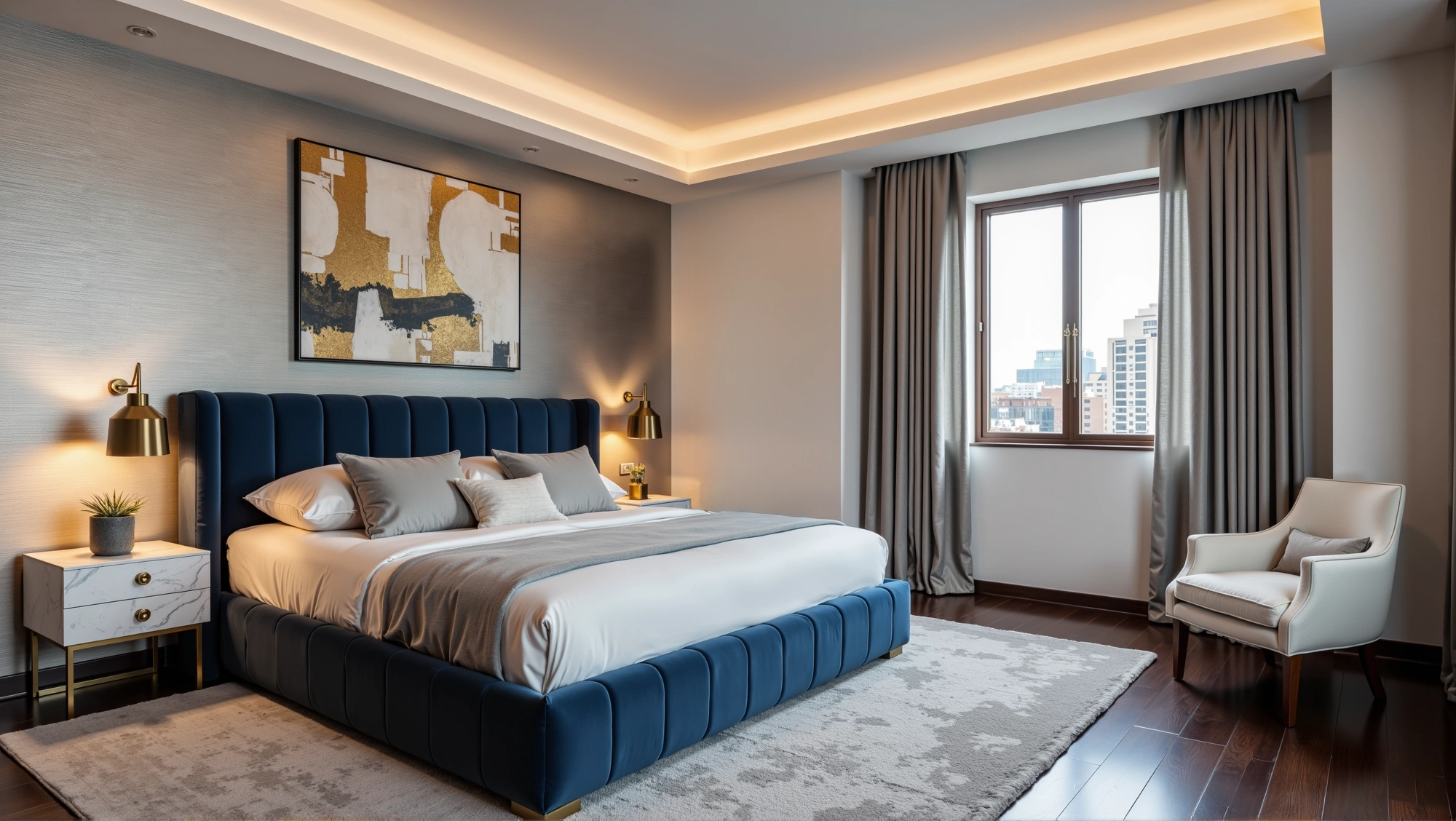 Navy Luxury Bedroom Nestled in Urban Window Views Bedroom 1