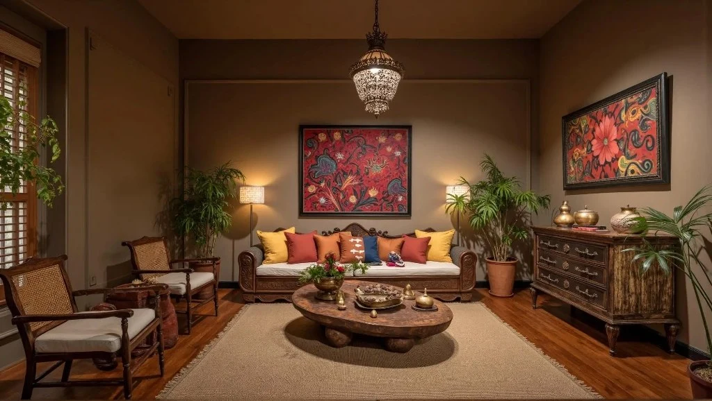 Elegant Dwelling with South Asian Retro Style living-room