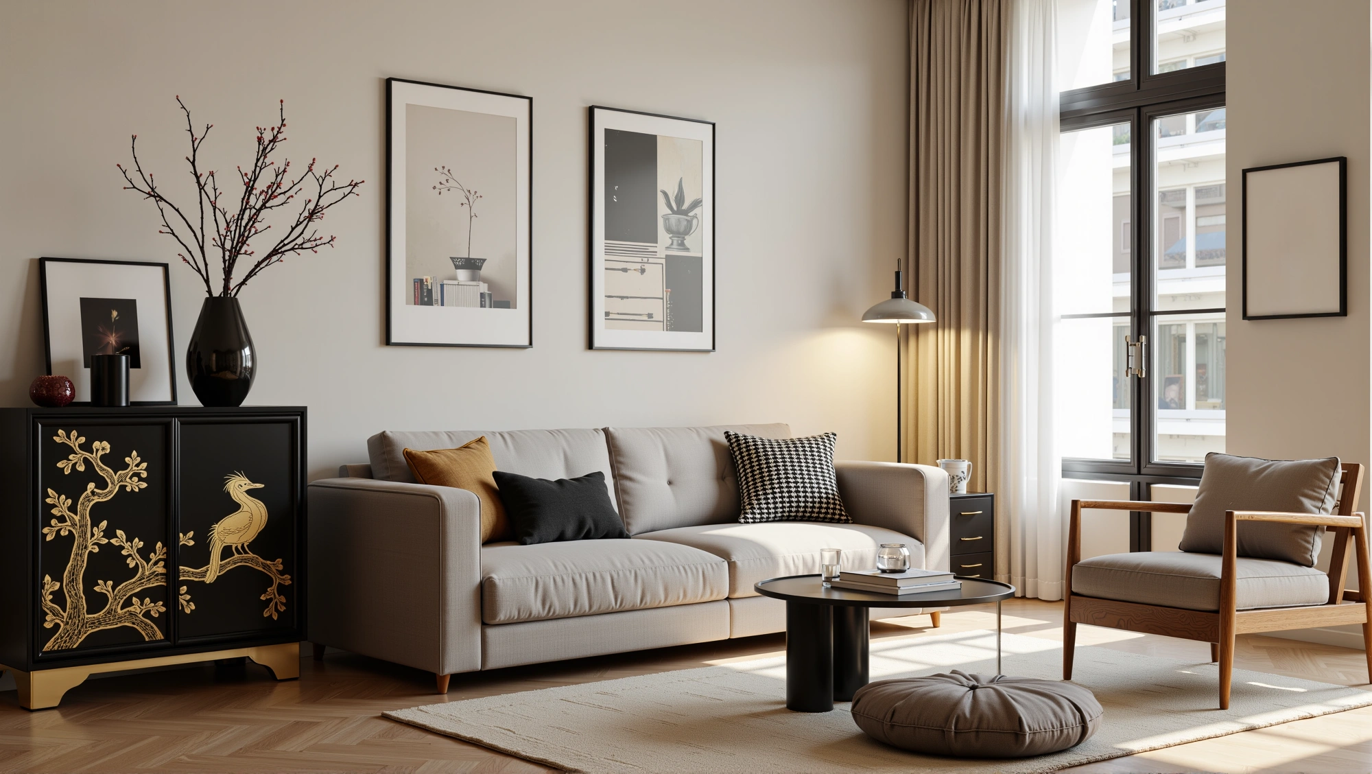 Ink Gold Branch Shadows Modern Chinese Retreat Living room 1