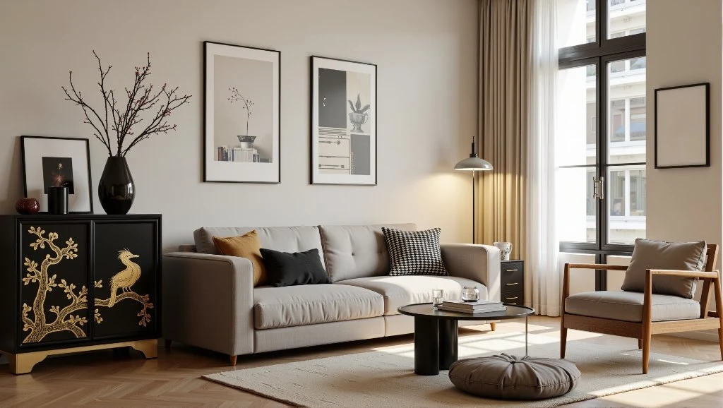 Ink Gold Branch Shadows Modern Chinese Retreat living-room