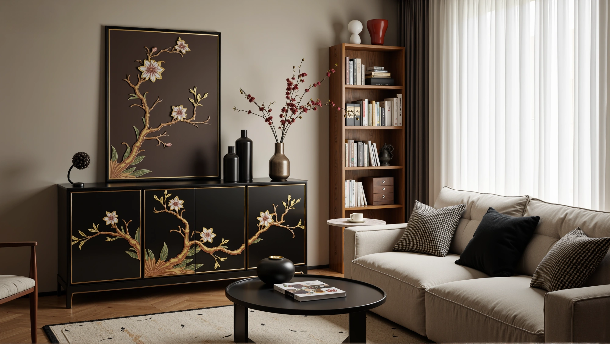 Ink Gold Branch Shadows Modern Chinese Retreat Living room 2