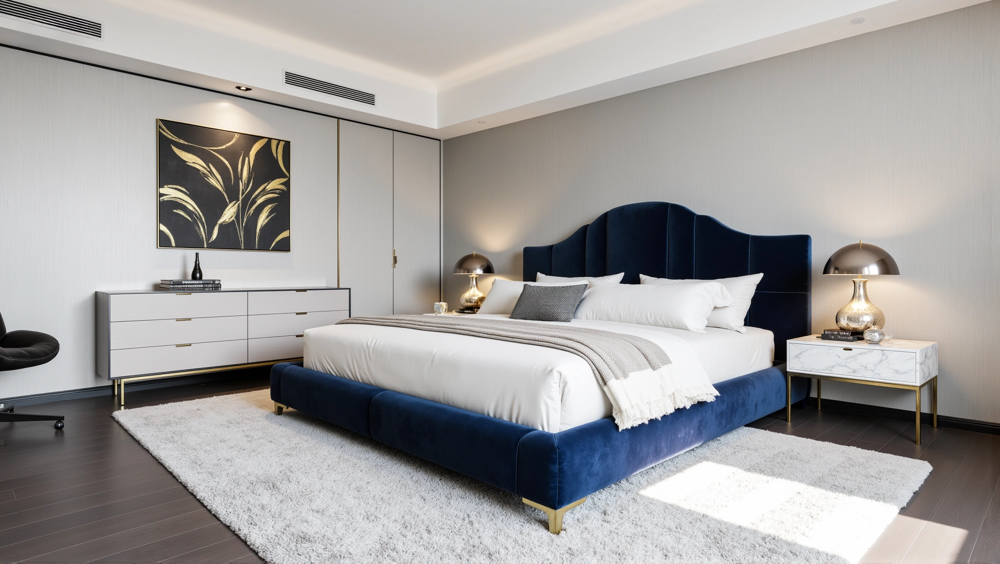 Urban Luxe Bedroom Wrapped in Navy Velvet Bedroom 3