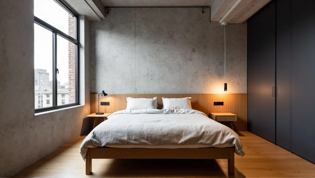 Concrete Wood Stillness Minimal Industrial Bedroom