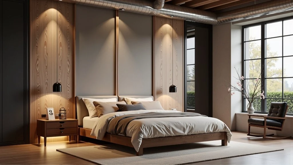 Pipe Wood Retreat Industrial Minimalist Bedroom