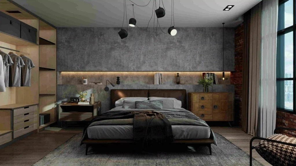 Modern Textured Dwelling with Industrial Style bedroom