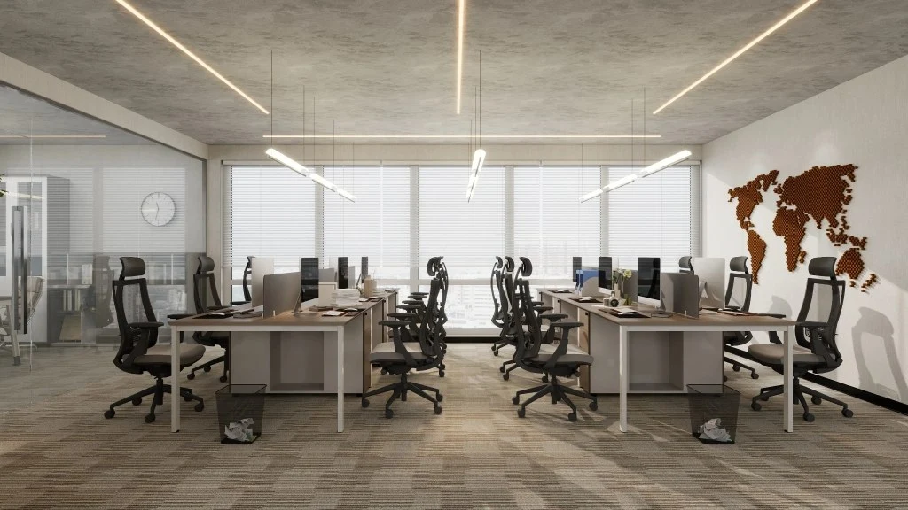 Open Office Space Blending Wood Tones And City Views office